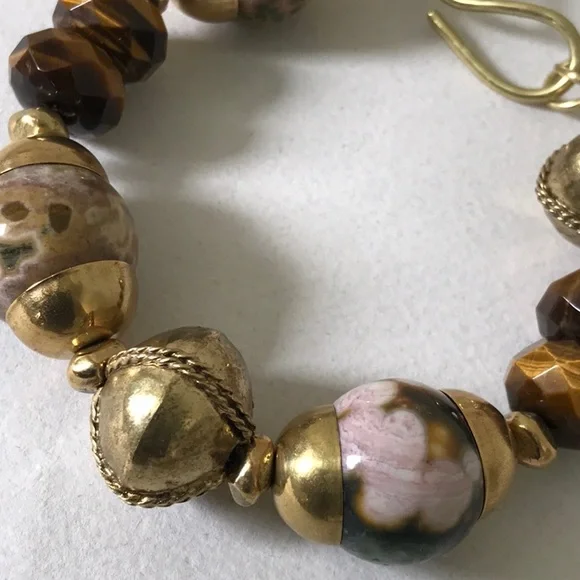 Ocean Jasper Tiger Eye Solid Brass Beads Artisan Made Beach Look Bracelet
